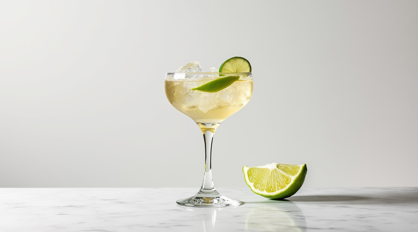 A citrusy and herbal cocktail served in an Old-fashioned glass with ice and lime wedge