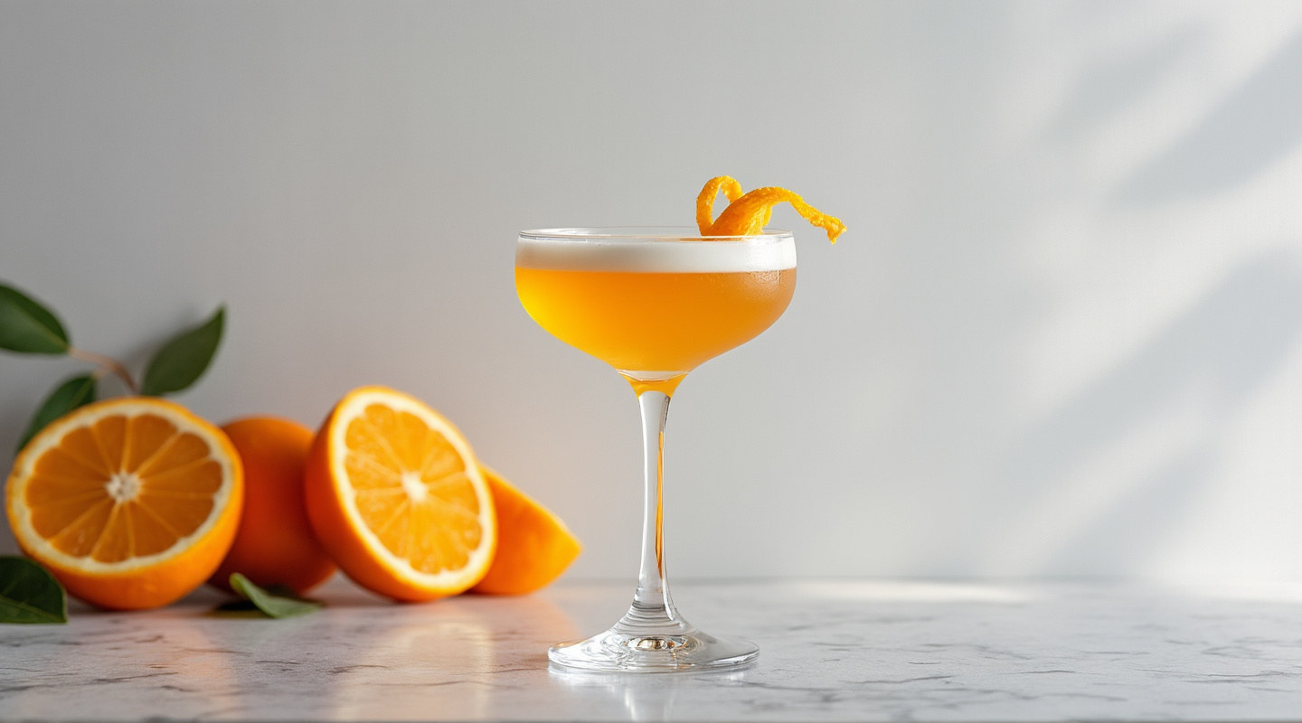 Mike Romanoff cocktail in a chilled coupe glass with an orange twist garnish
