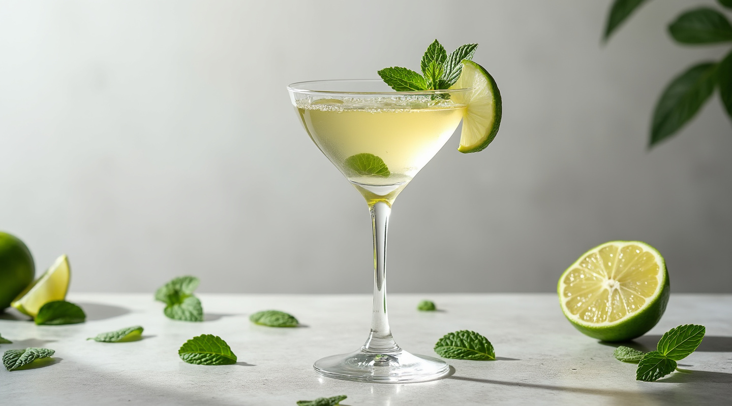 Richmond Gimlet served in a martini glass with a mint garnish