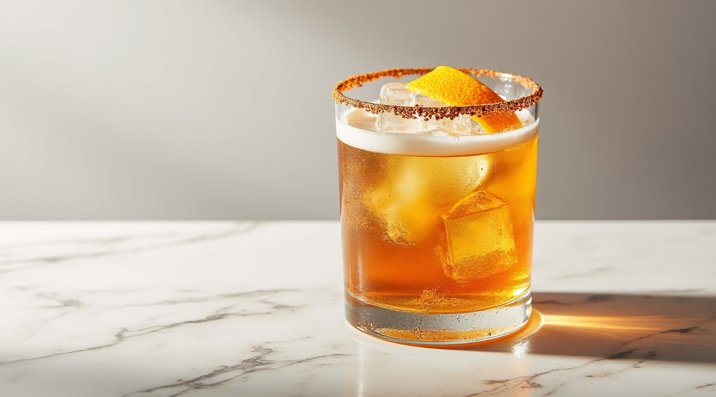 A vibrant Royal Gingersnap cocktail served in a glass, garnished with a flamed orange twist and a cinnamon-sugar rim.