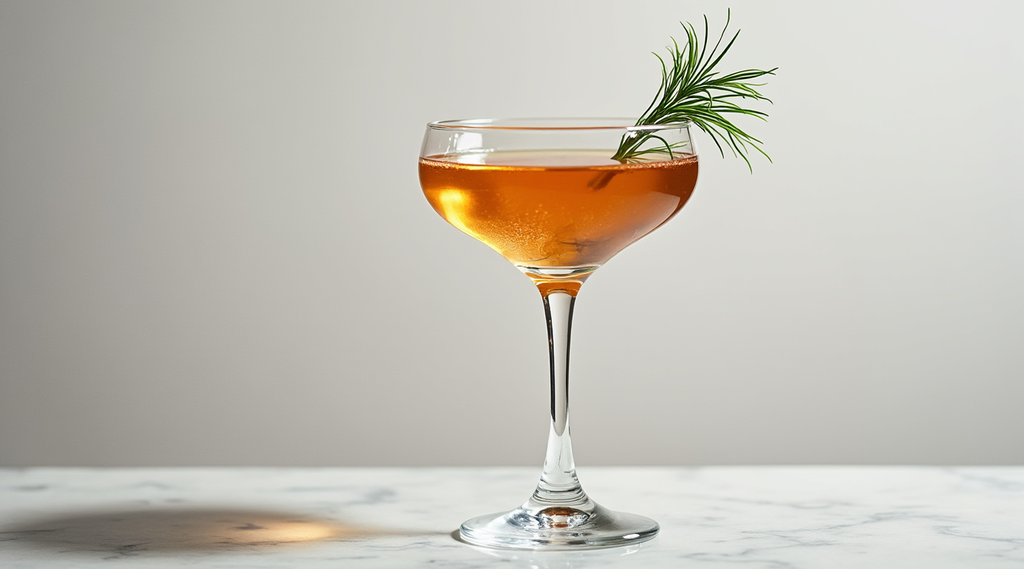 An enticing image of the Smoking Stallion martini cocktail, garnished with dill and presented elegantly.