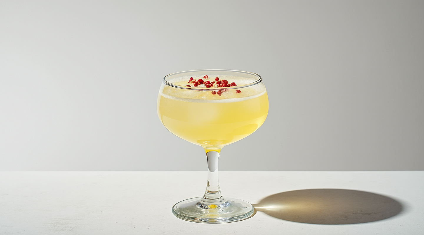 Sol Ardiente cocktail in a coupe glass, garnished with crushed red peppercorns