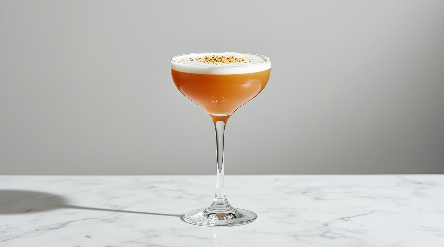 Walnut Alexander cocktail served in a Martini glass, garnished with grated nutmeg