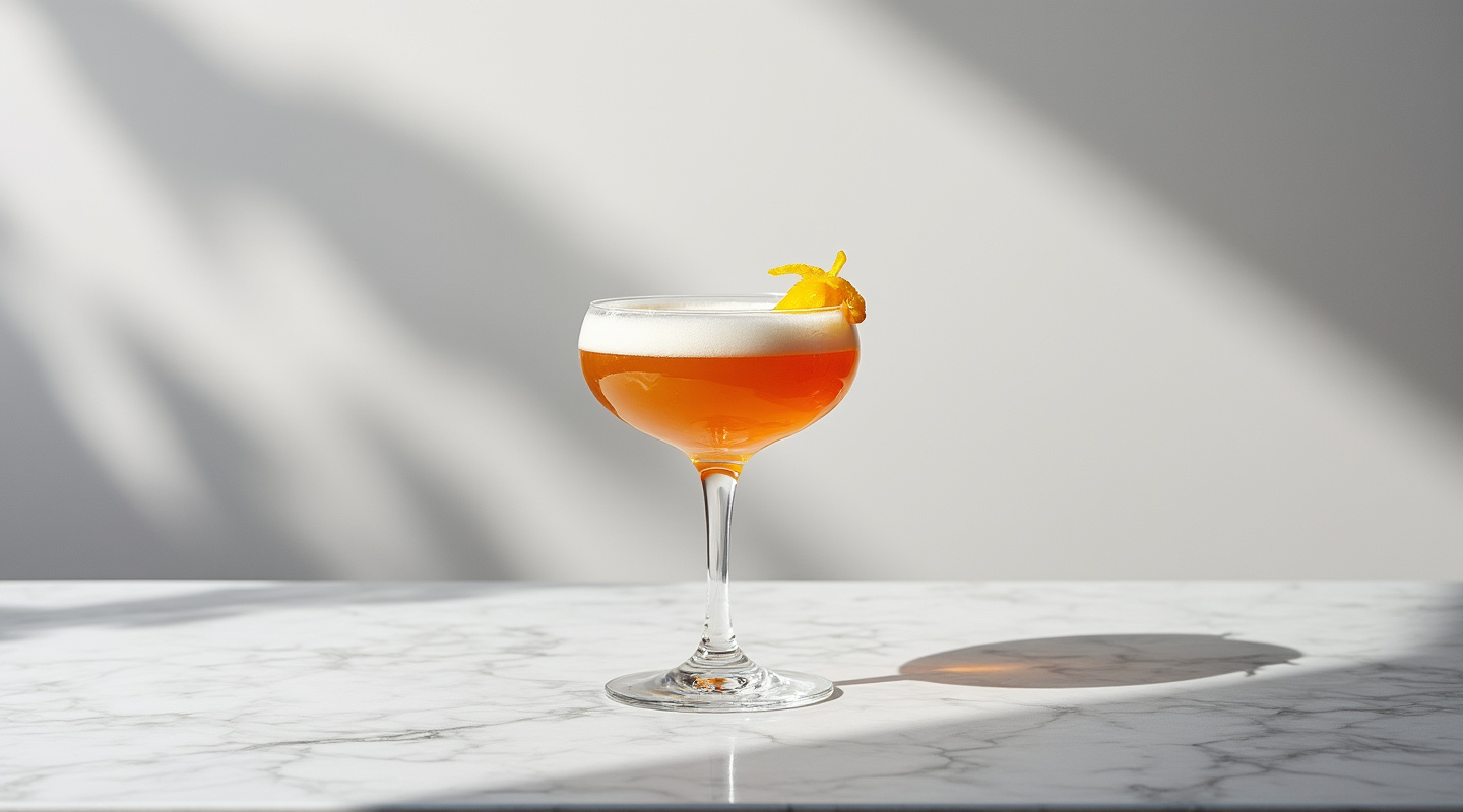 Dream Cocktail with cognac, orange curacao, absinthe, and foam in a coupe glass