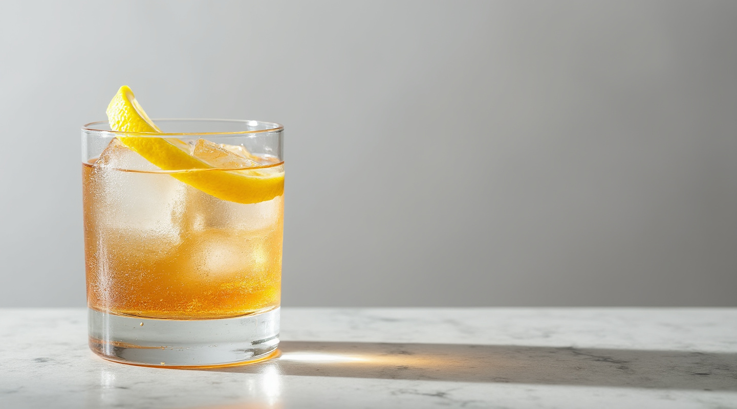 Elder & Wiser cocktail in an Old-fashioned glass with a lemon twist garnish
