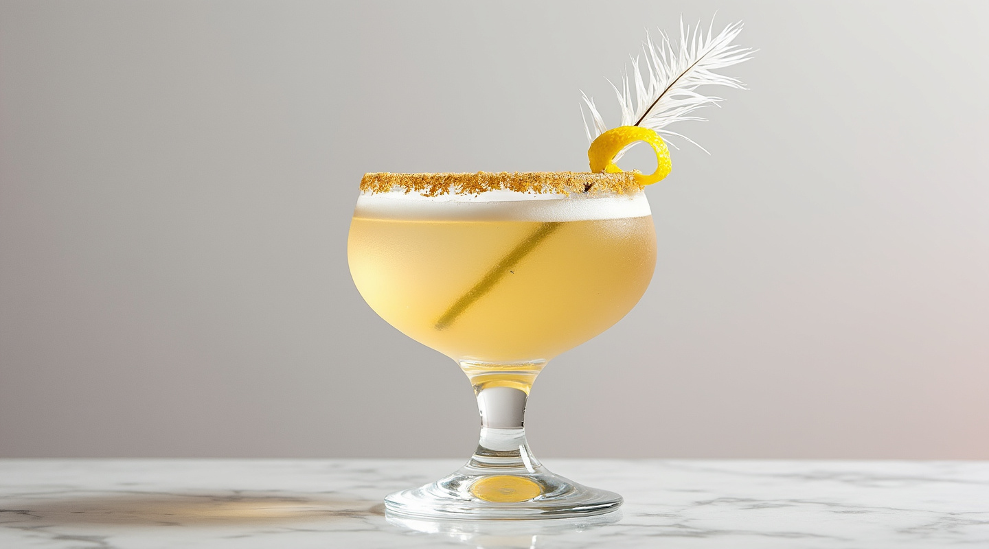 Feather Duster Crusta in a coupe glass with a sugar rim