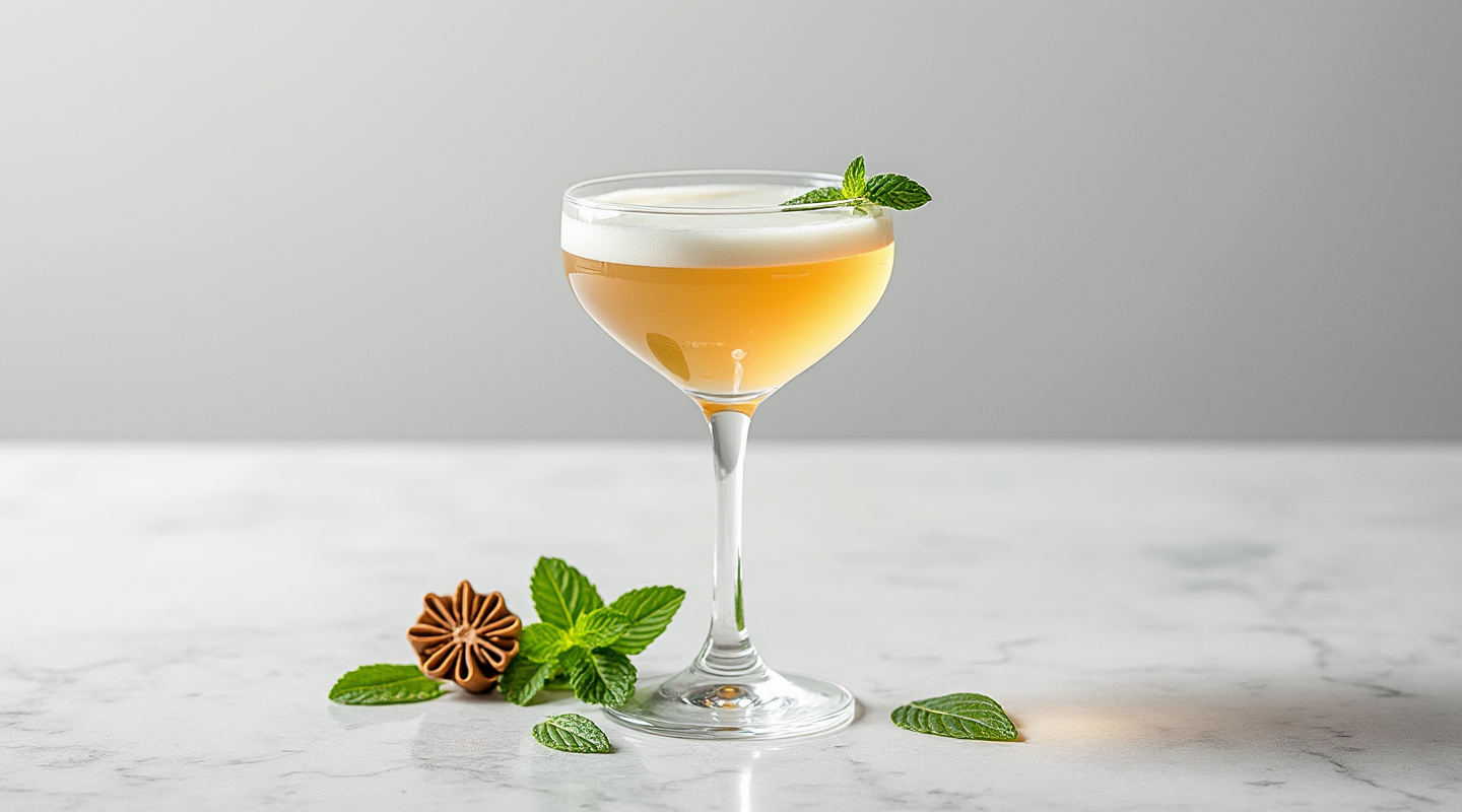 Le Grand Feu cocktail served in a chilled martini glass, garnished with a mint sprigs bouquet.
