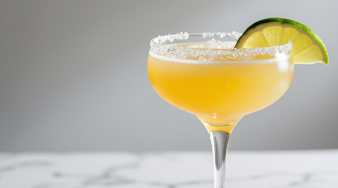 A vibrant and tropical Margarita with a lime garnish, served in a chilled Coupe glass