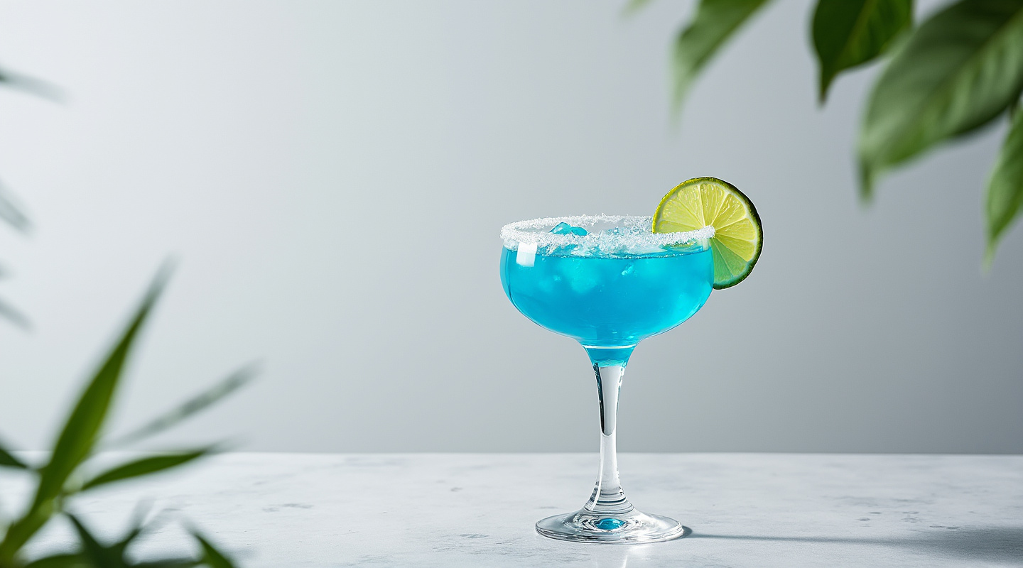 A glass of Blue Margarita with a lime slice garnish