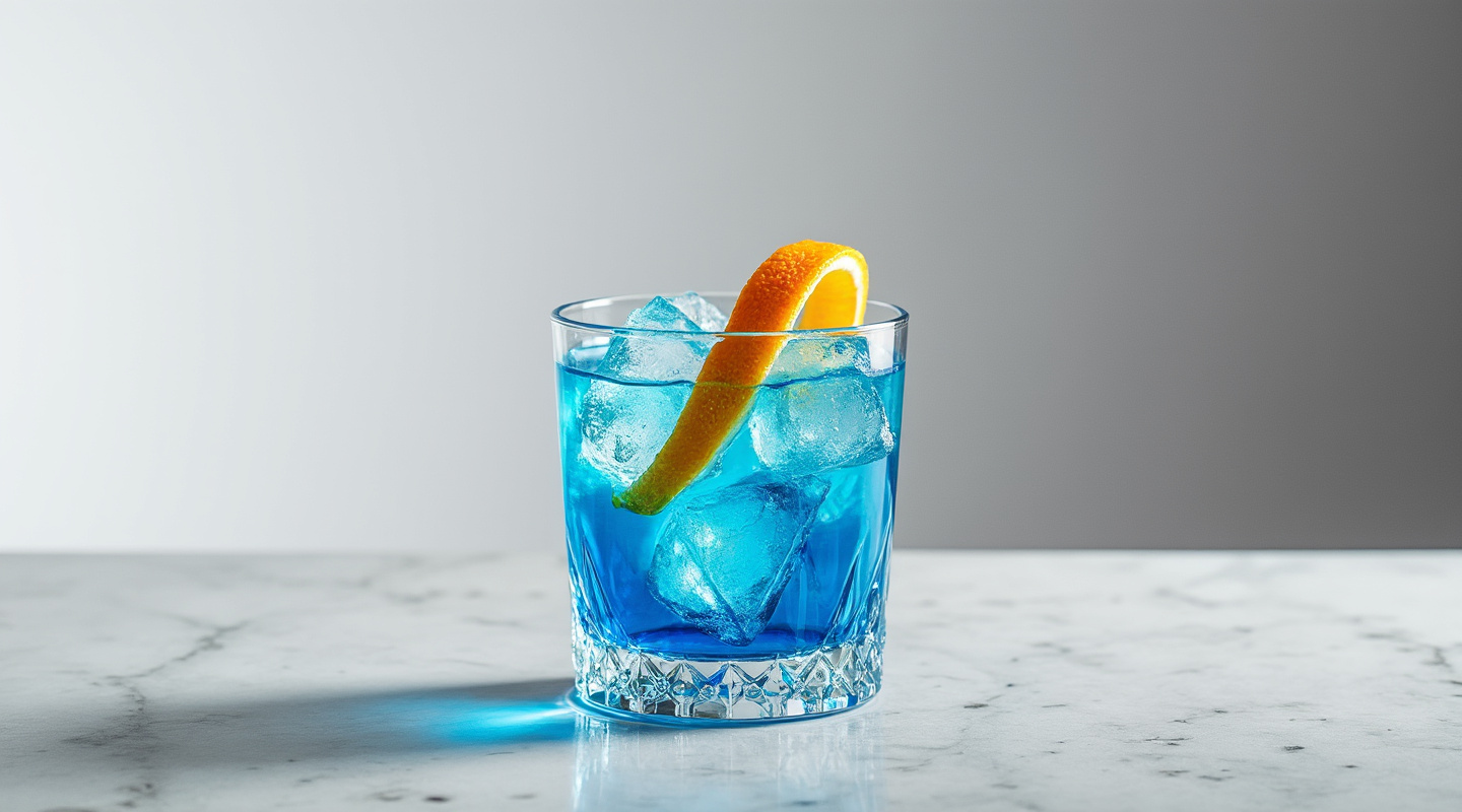 A vibrant blue cocktail served in an Old-fashioned glass with an orange zest twist garnish.