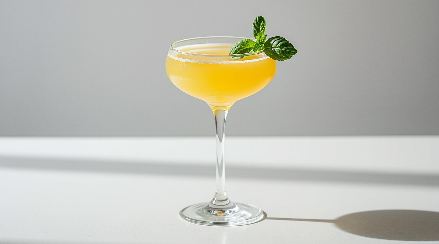 A lively Breakfast Gimlet served in a martini glass, garnished with a basil leaf.