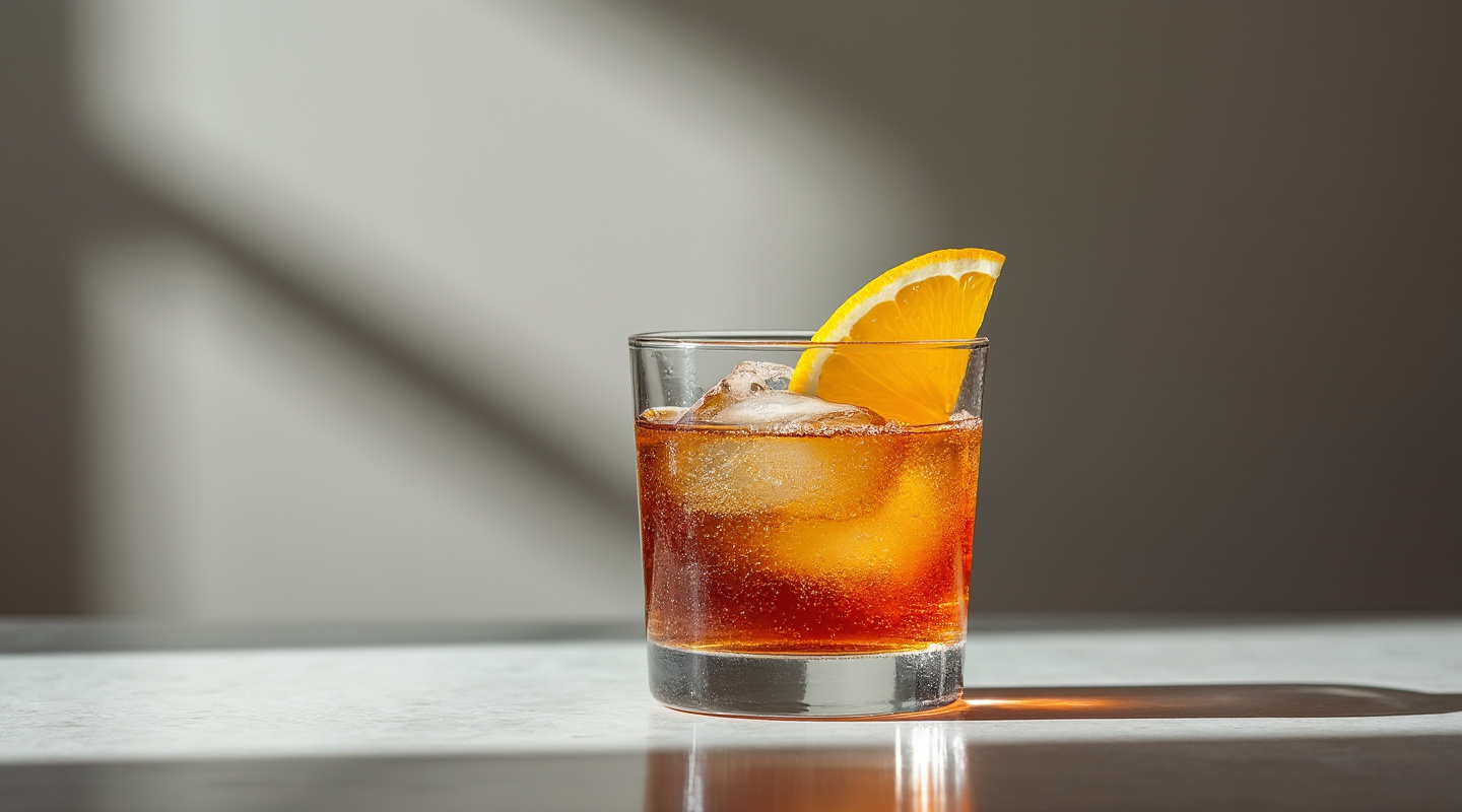Precursory Cocktail in a coupe glass with an orange slice garnish