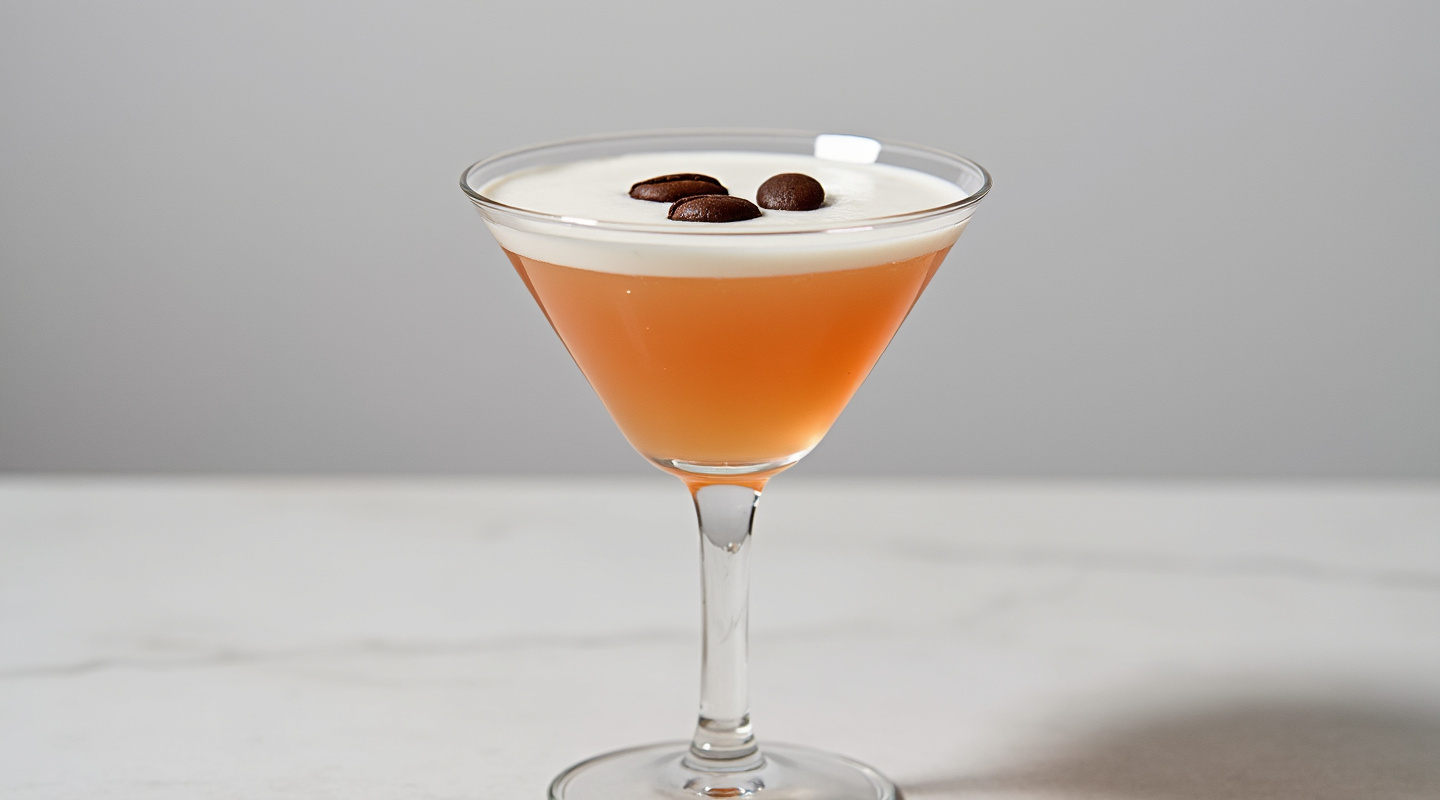 A creamy cocktail in a martini glass with floating coffee beans