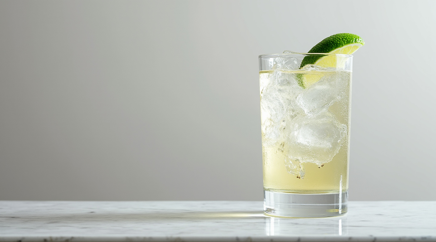 Caribeño cocktail served with ice and garnished with a lime wedge