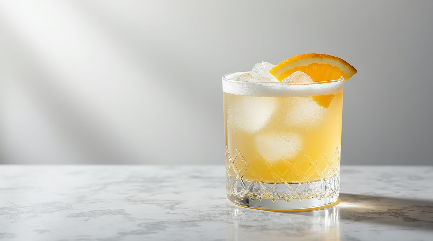 Image of a Grand Sour cocktail served in an Old-fashioned glass with an orange wheel garnish.