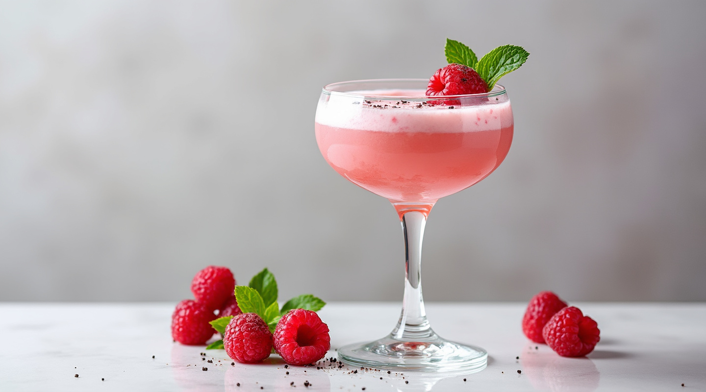 Raspberry Lassi Cocktail in a coupe glass