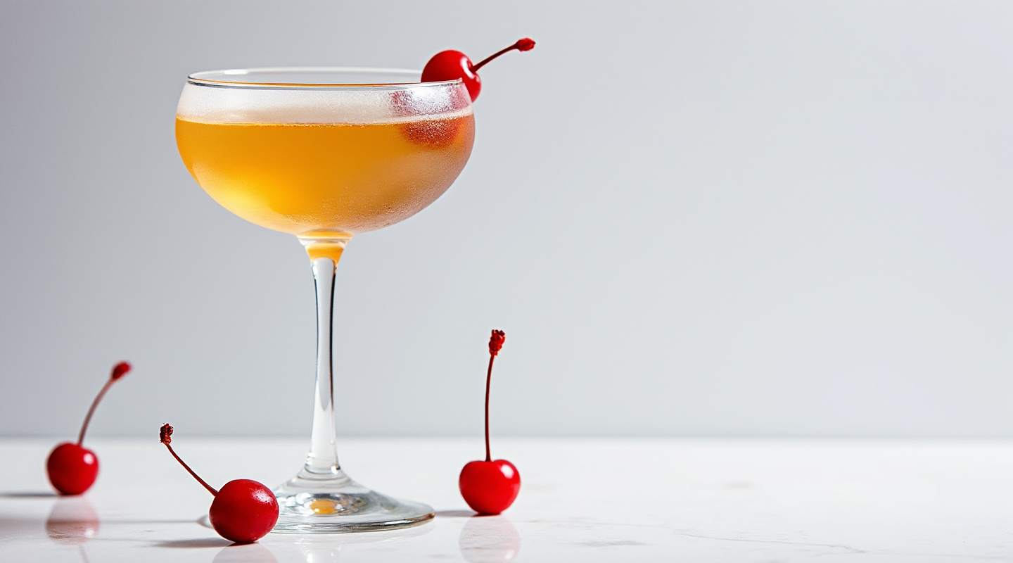 The Modern Cocktail in a Coupe glass garnished with a maraschino cherry.