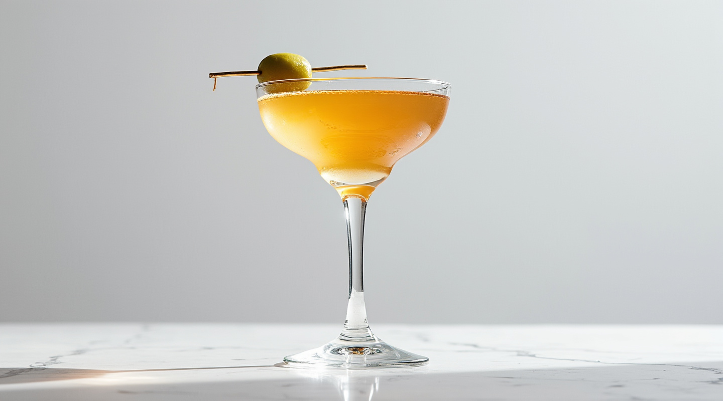 A Dry Martini served in a coupe glass with a garnish