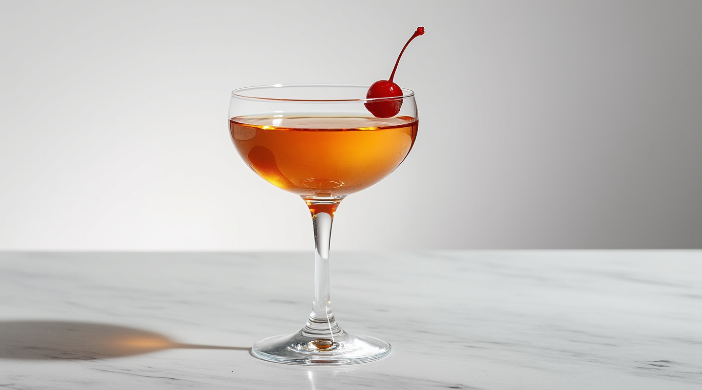 Dopo Cena cocktail served in a coupe glass with a cherry garnish