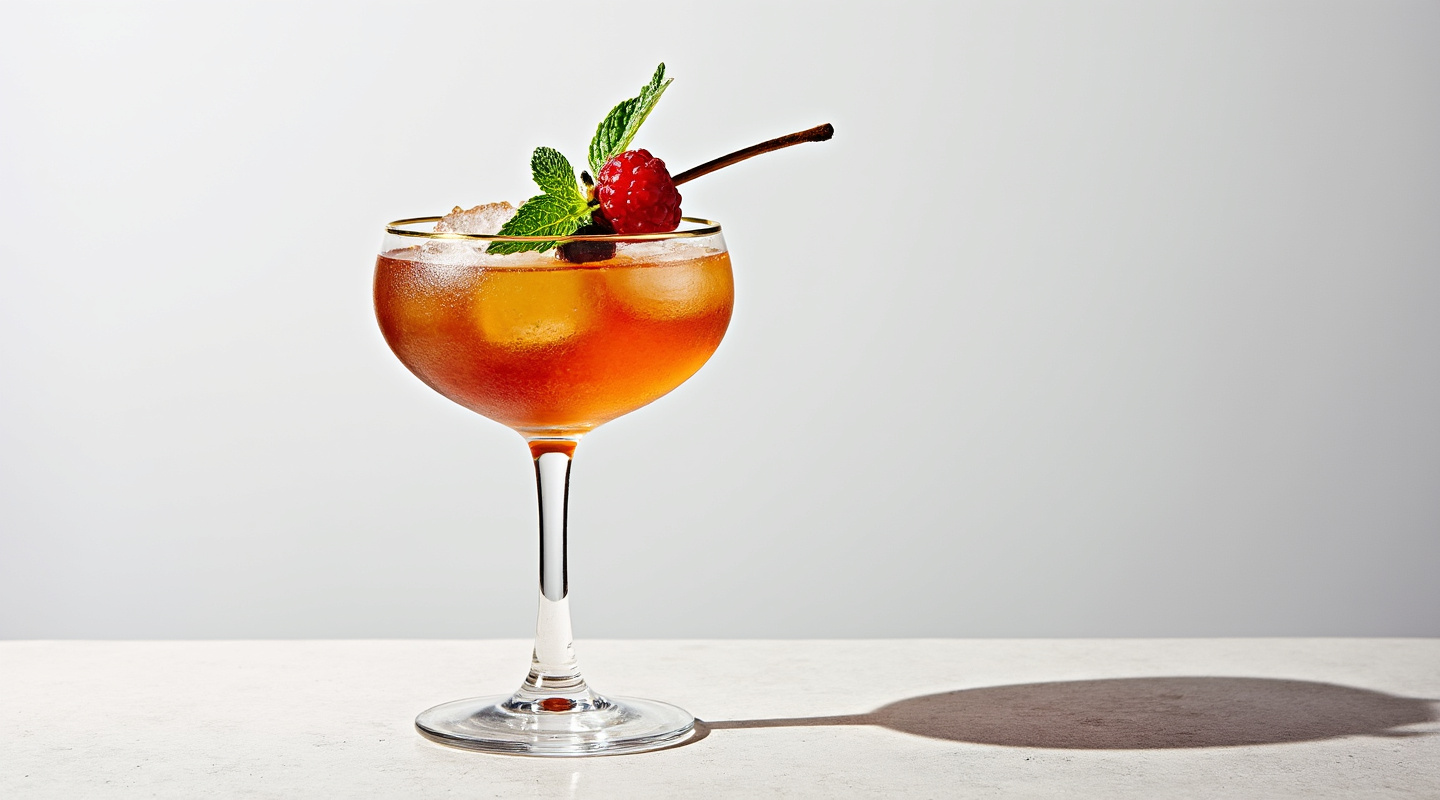 Honey Cobbler cocktail in a goblet glass with mint sprig and berries