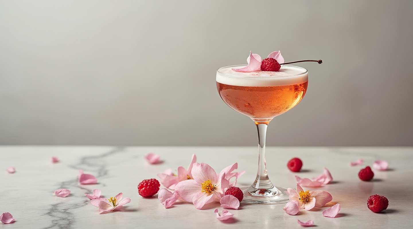 A vibrant pink Gl'amour Cocktail served in a coupe glass, garnished with dried rose petals