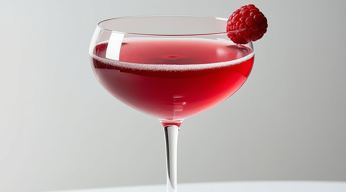 Red Gemma cocktail in a flute glass garnished with a raspberry