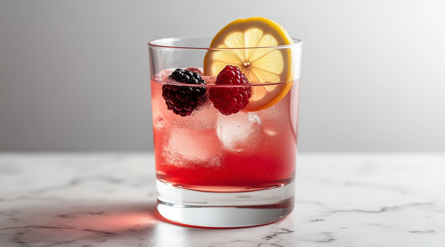 Franco Russian Punch cocktail served in a Collins glass with garnishes of lemon wedge, raspberry, and blackberry.