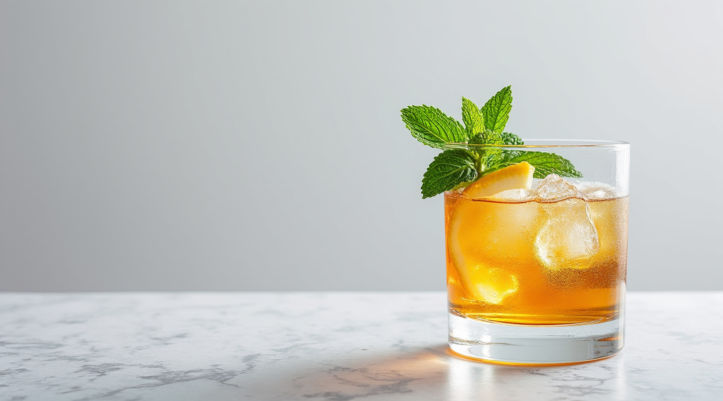Whiskey Smash cocktail in an old-fashioned glass with mint garnish