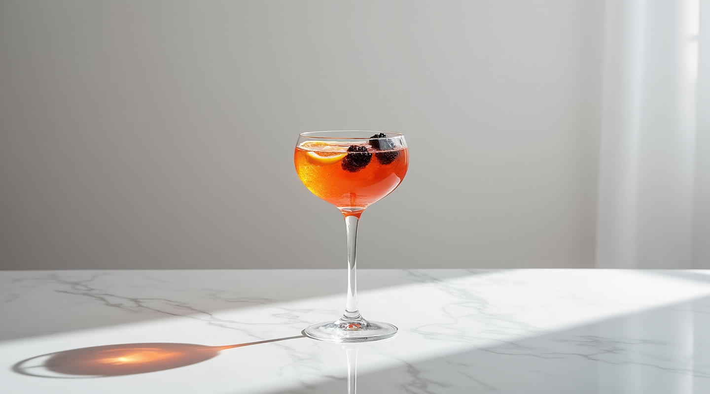Kir Spritz cocktail in a wine glass with lemon zest twist and berries