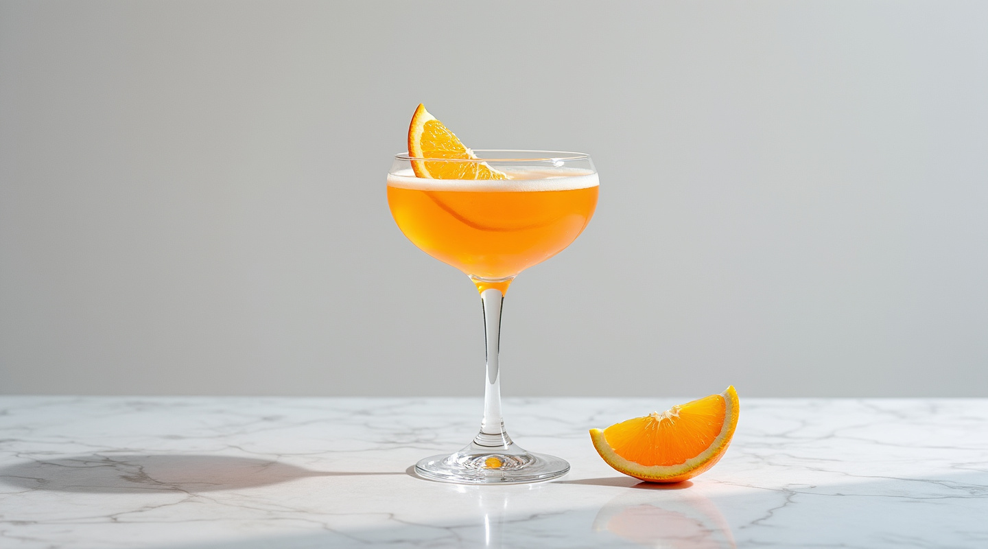 A beautifully presented Improved Bronx cocktail served in a chilled coupe glass.
