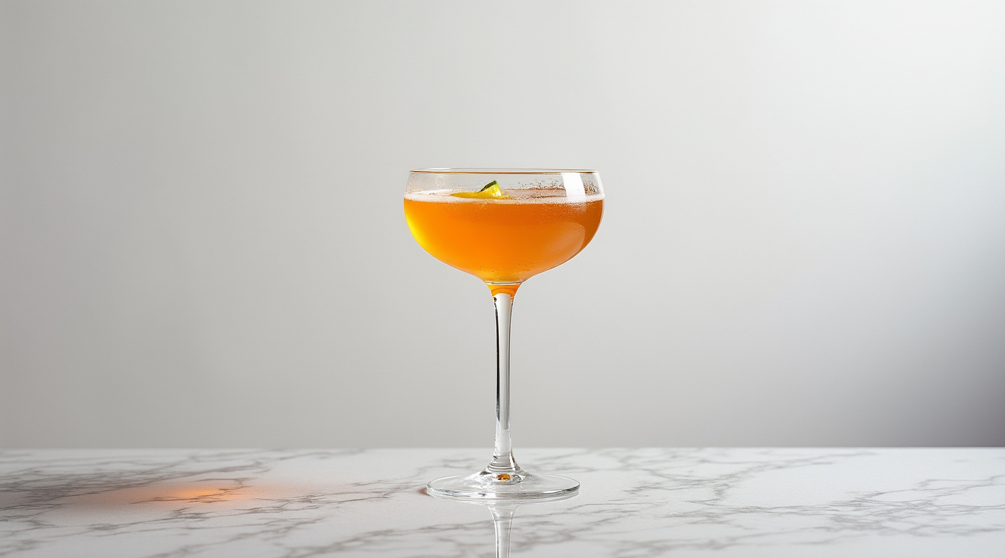 Sandy The Showgirl cocktail garnished with lime zest in a coupe glass
