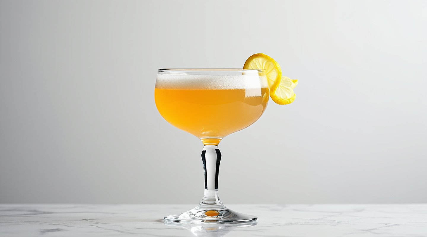 An elegant Chanbanger cocktail served in a coupe glass, enriched with citrus and cherry flavors.