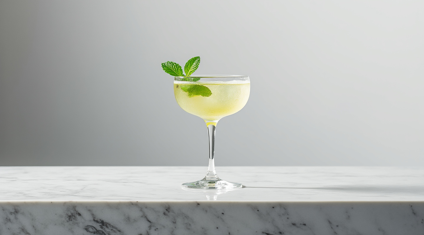Aristotle cocktail in a coupe glass with a mint leaf garnish