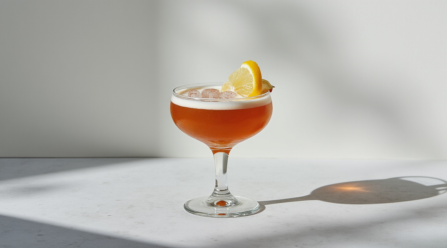 Black Jack cocktail in a Coupe glass garnished with a lemon twist