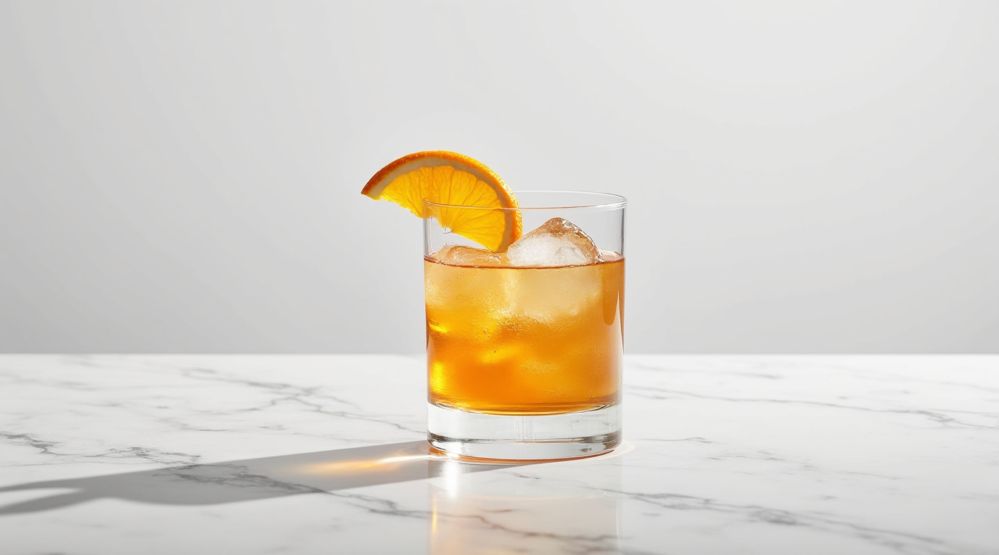 A classic Pablo à Paris cocktail served over ice in an Old-fashioned glass, garnished with an orange slice.