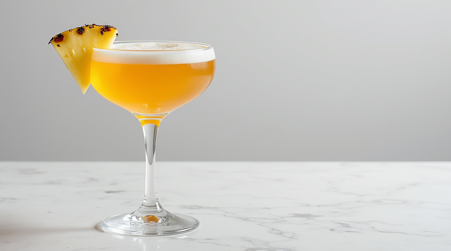 A creamy colored cocktail named Mediocre served in a chilled coupe glass.