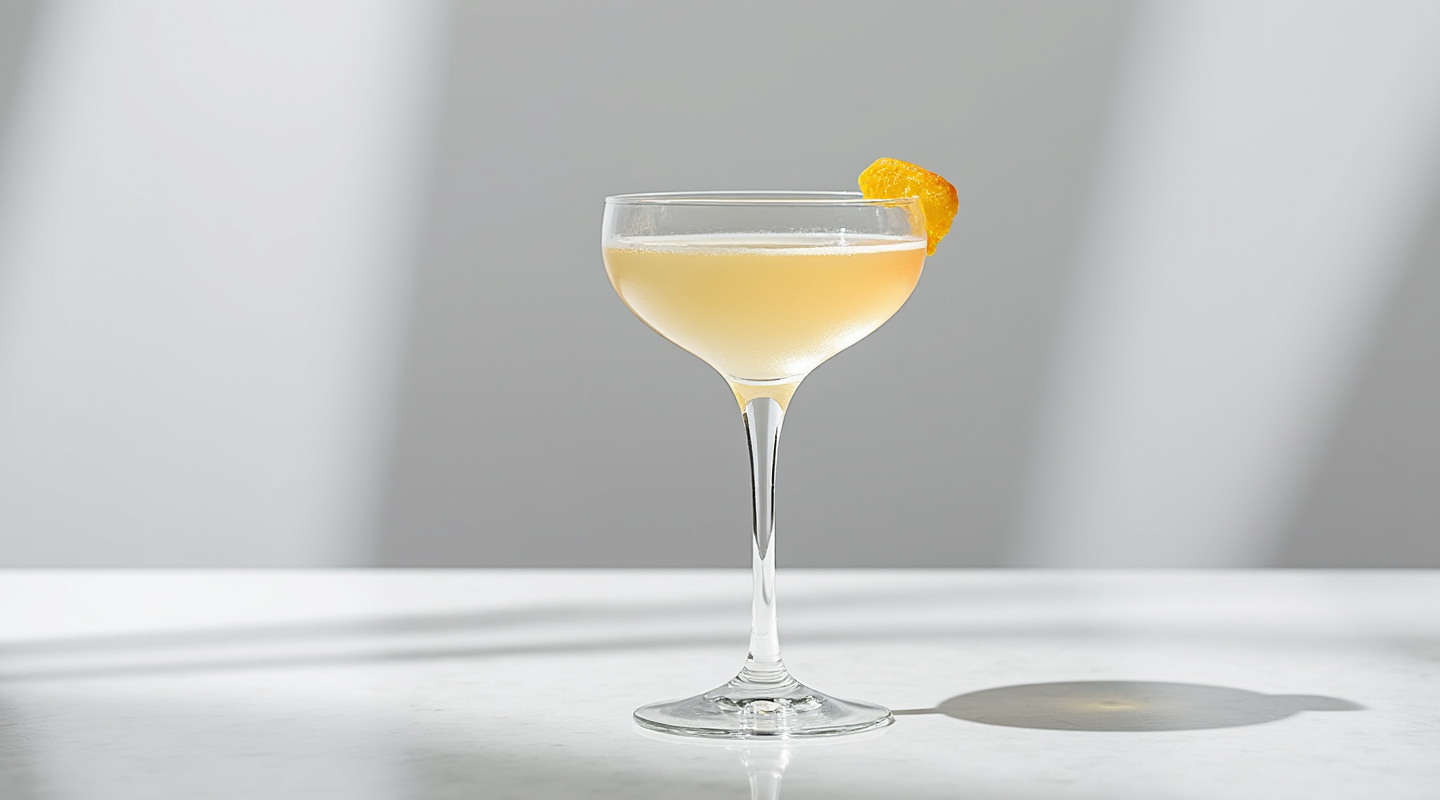 The Savelberg served in a chilled coupe glass with an orange zest twist garnish.