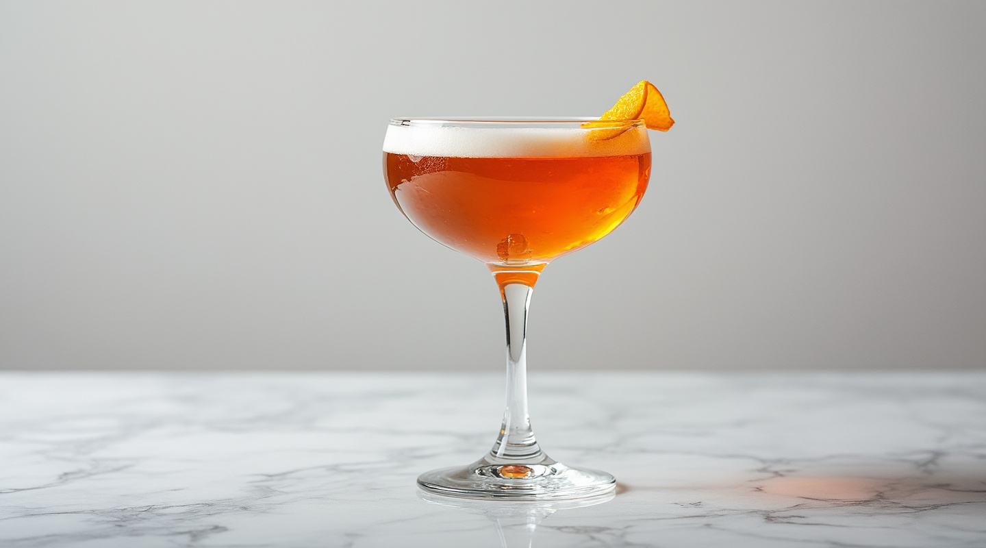 Celebration cocktail in a coupe glass with an orange zest twist garnish