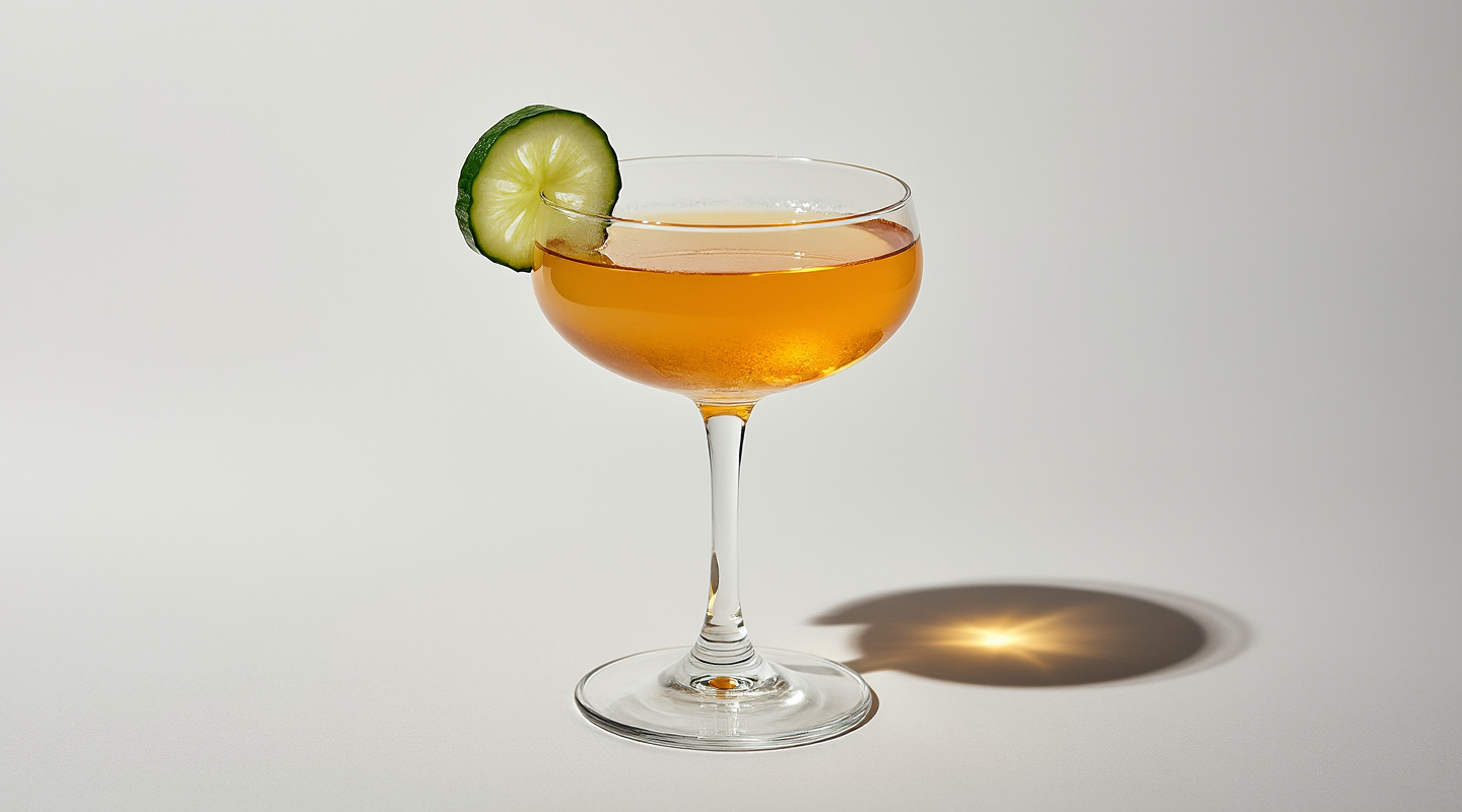 The French Canadian cocktail in a coupe glass garnished with a cucumber slice