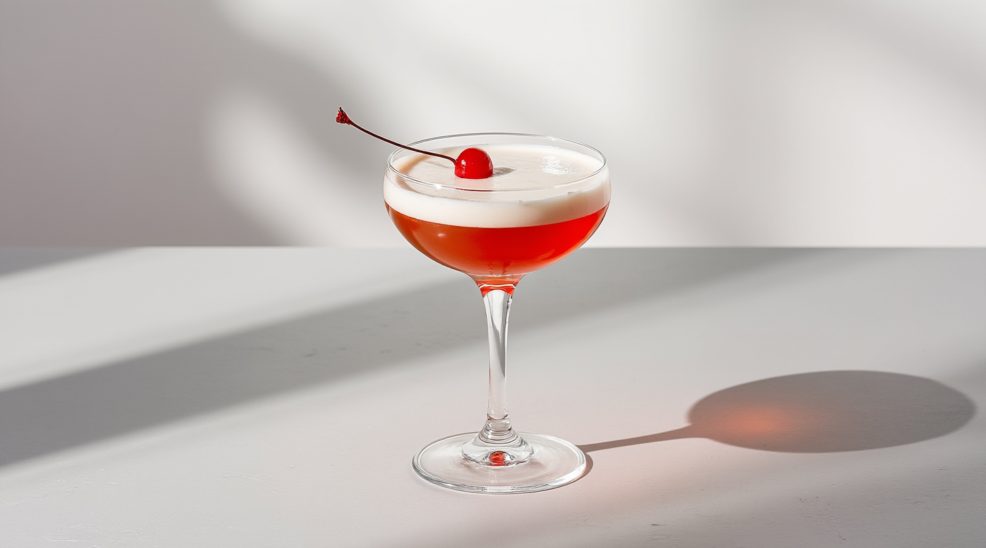 A classy cocktail served in a coupe glass, featuring a rich, amber color.