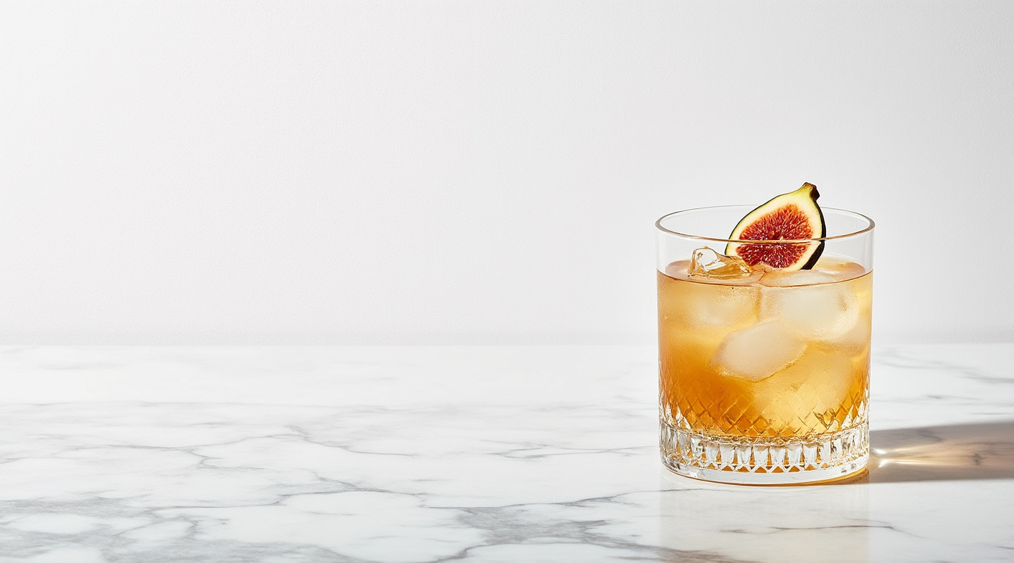 The Fig Easy cocktail in an old-fashioned glass garnished with a thin fig slice