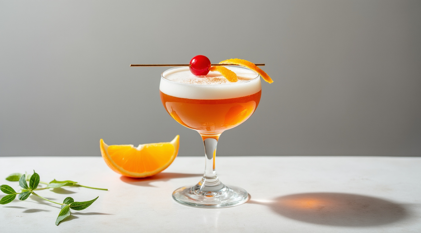 L'Heritage cocktail served in a Coupe glass, garnished with a maraschino cherry and orange zest.