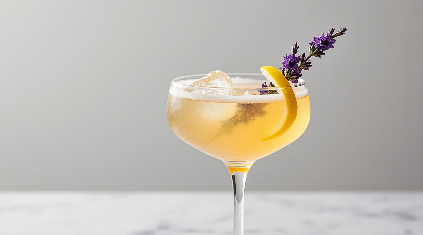 A chilled Coupe glass filled with the Soir d'Ete cocktail, garnished with a lemon zest twist and a sprig of lavender.