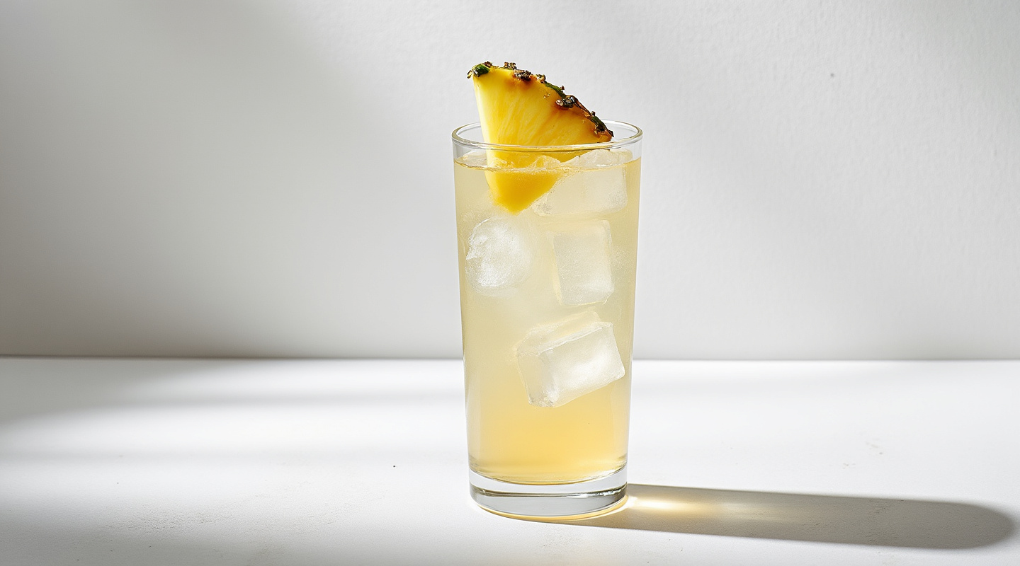 The Haole cocktail in a highball glass garnished with a pineapple wheel.