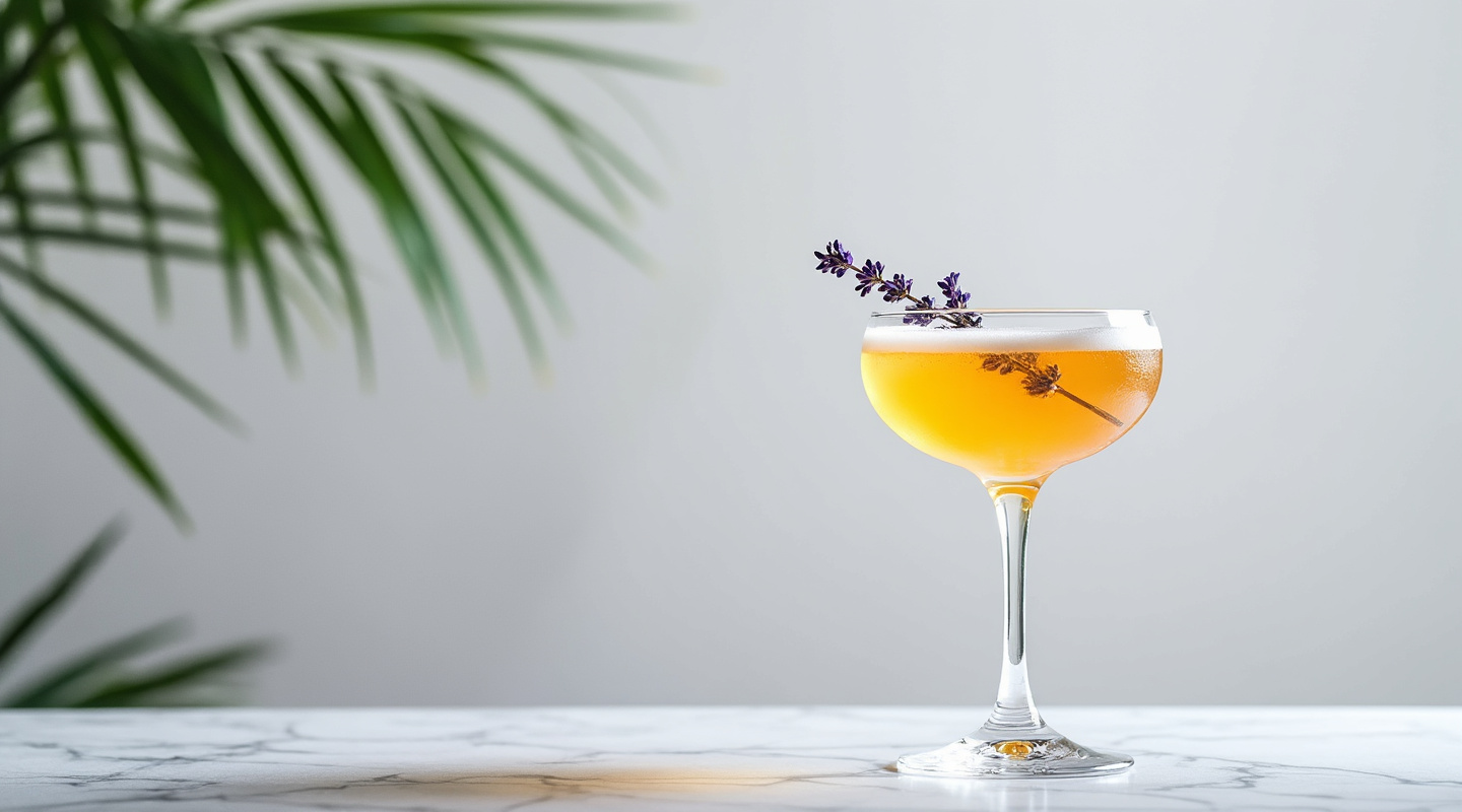 Thimisis cocktail in a coupe glass garnished with a lavender sprig