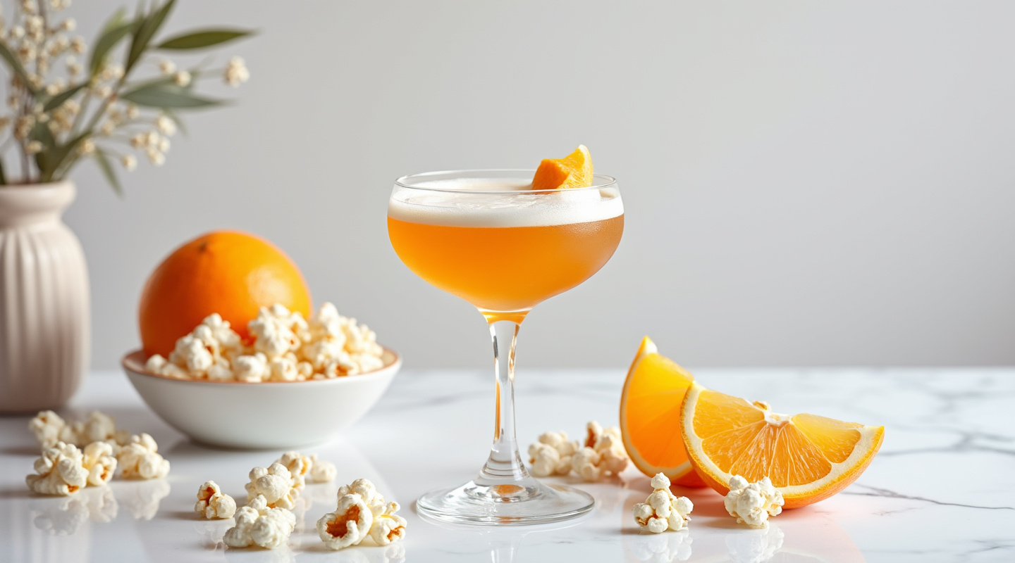 The Seventh Art cocktail served in a coupe glass, garnished with popcorn.