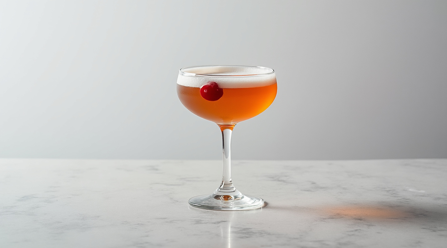 Sake Manhattan in a coupe glass garnished with a maraschino cherry