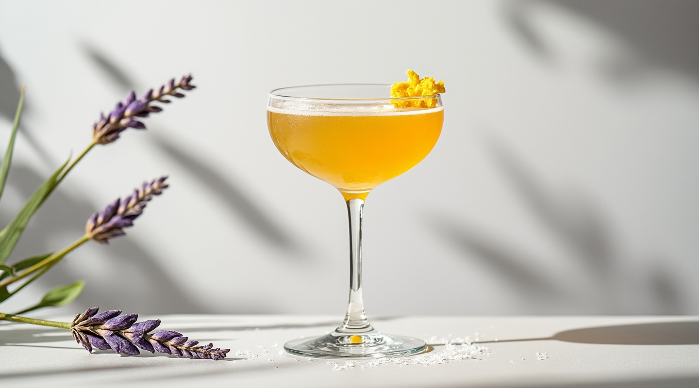 A Garrigue cocktail served in a coupe glass, garnished with lemon zest and dried lavender