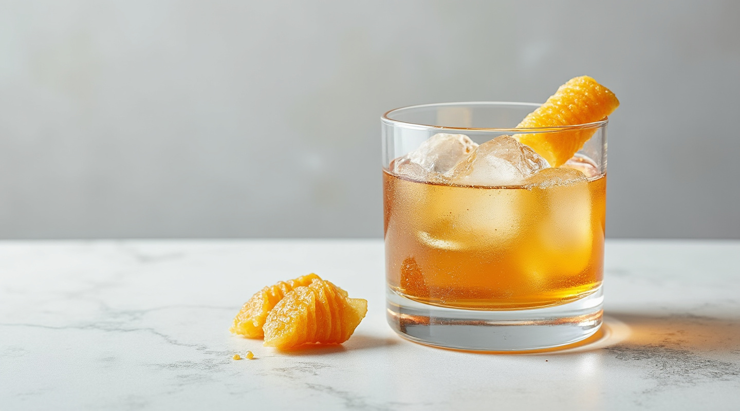 Gold Fashioned cocktail with ice and honeycomb garnish