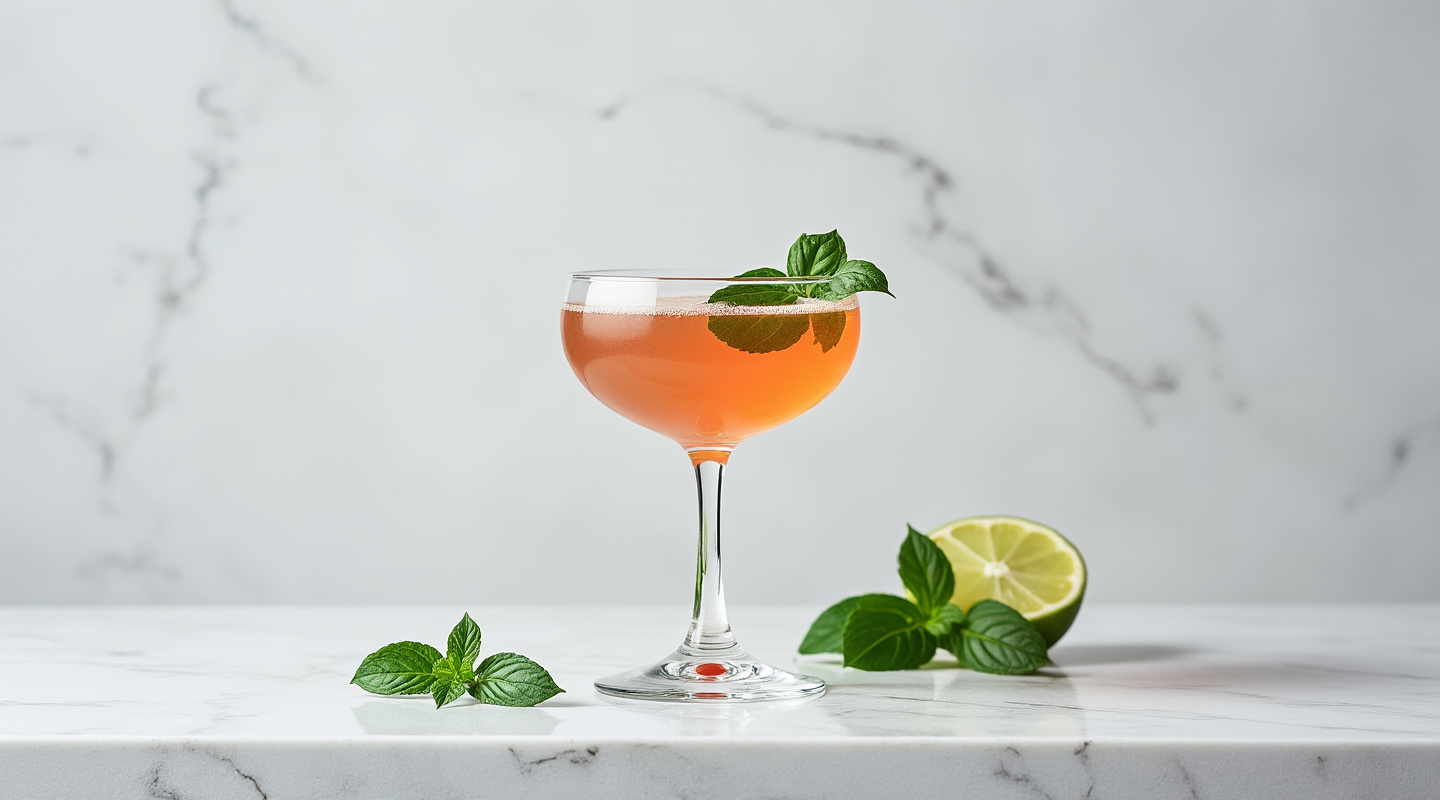 A refreshing Elements cocktail served in a chilled coupe glass, garnished with a fresh basil leaf.